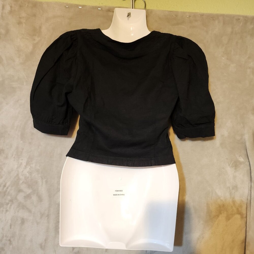 Anthropologie Black Puff Sleeve Scoop Neck & Ruche Detail Sz XXS Linen Top - Picture 6 of 9